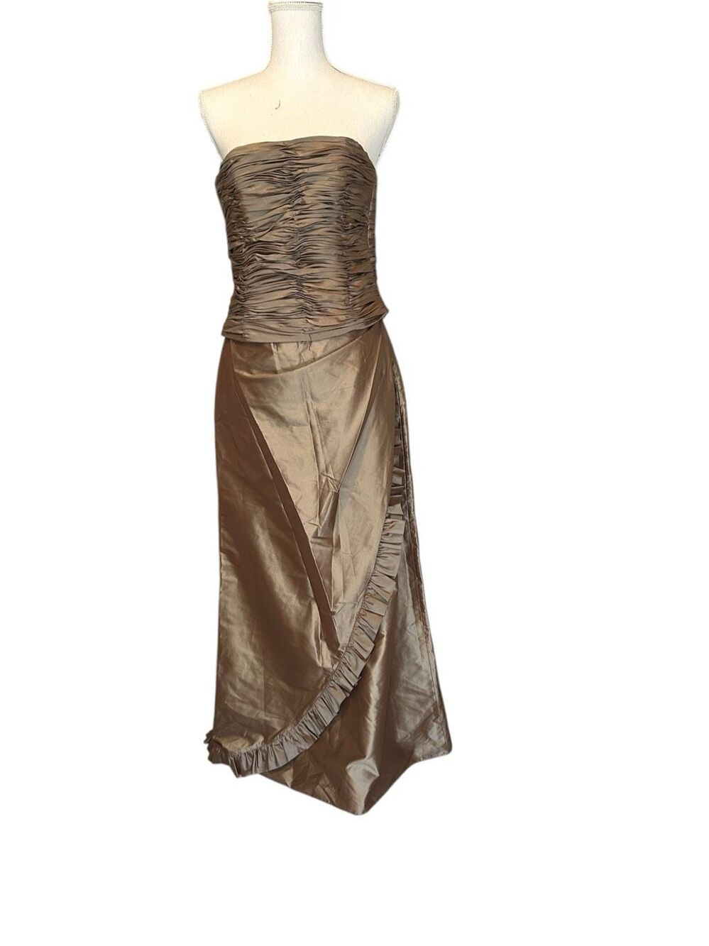 Mon Cheri Montage 100% Silk Taffeta Strapless Ruched Maxi Dress Sz 2 Bronze Gown